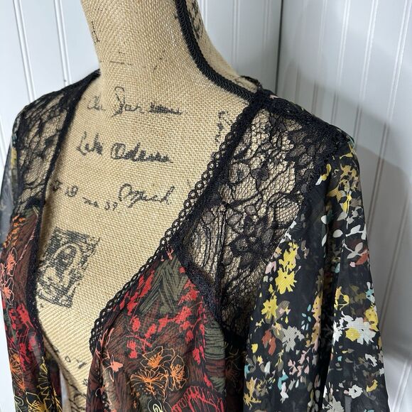 Fig And Flower Sheer Cardigan Top L Black Floral Flutter Sleeve Whimsigoth Fairy - Picture 2 of 14